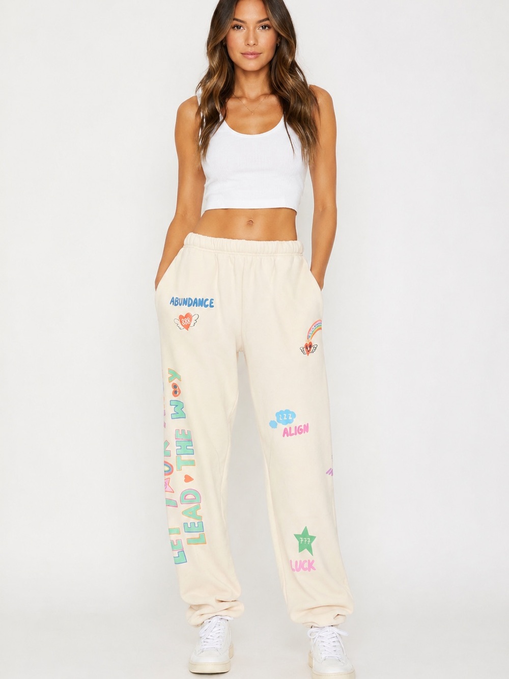 Mayfair Group Cream Angel Number Graphic Sweatpants Joggers Affirmations EUC S/M